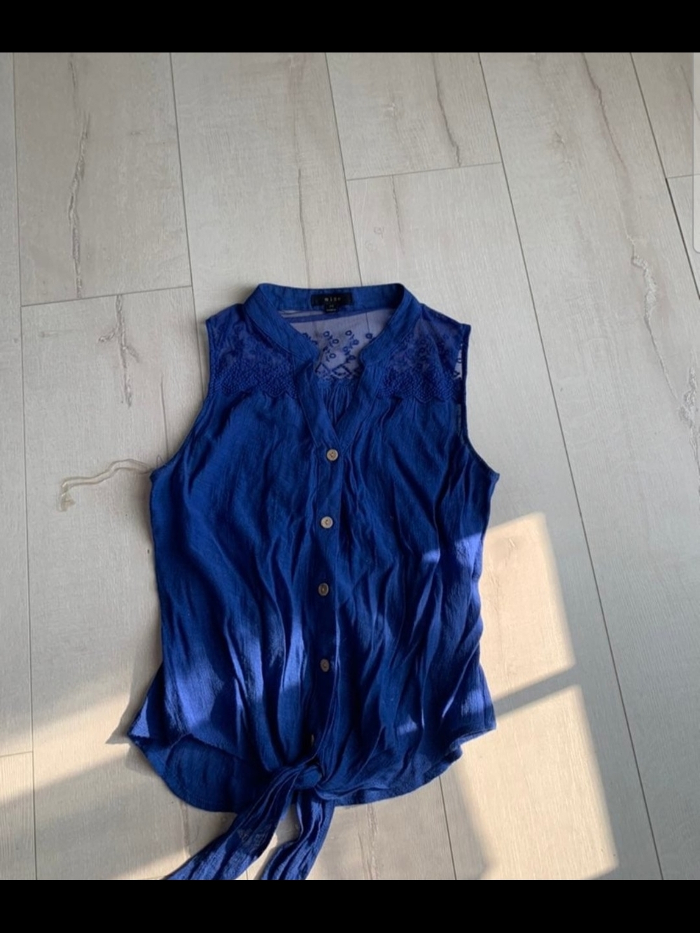 Blue Sleeveless Tie-Front Button Top